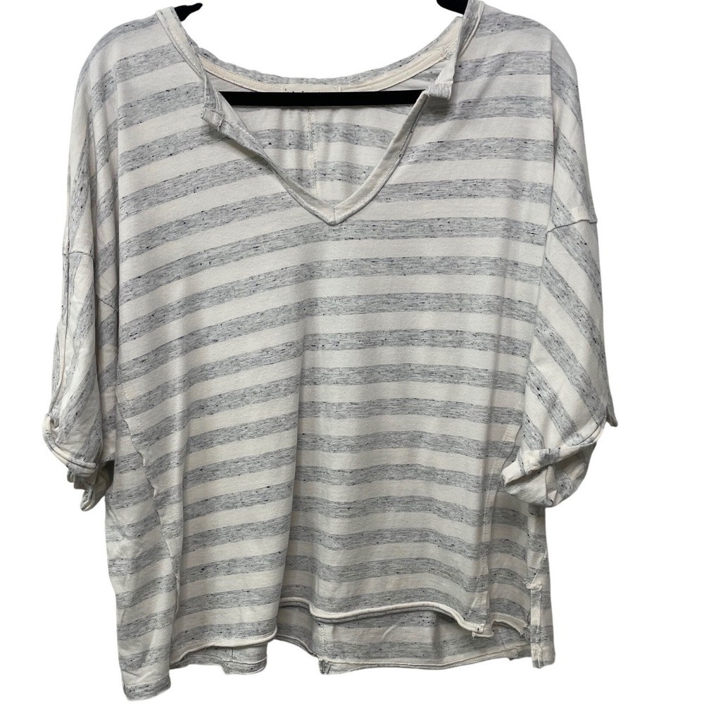 By Together Womens Oversized Boxy Striped V-Neck Top Grey White L USA Made